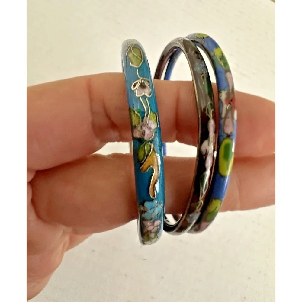 Cloisonne Bangle Bracelet Blue Aqua Floral Pink Metal Set of 3